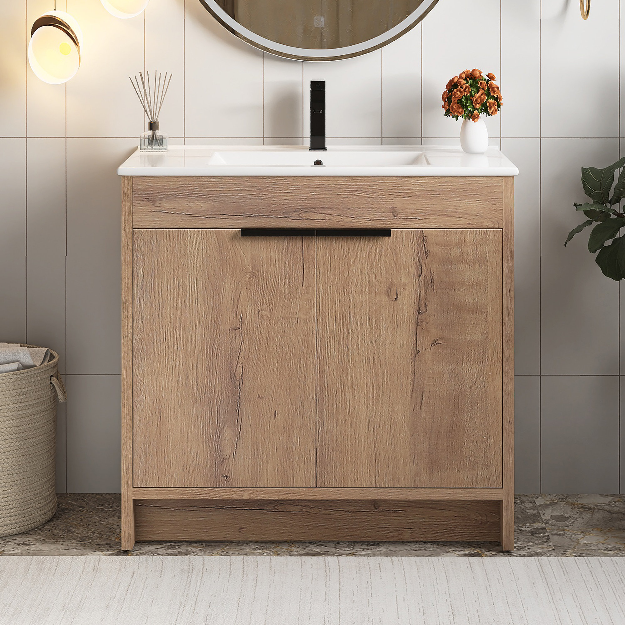Loon Peak® 36" Freestanding Bathroom Vanity With White Ceramic Sink ...